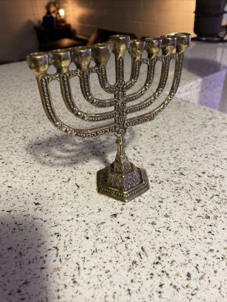 Vintage Ornate Mini Brass Menorah Hanukkah Stamped Signed Israel 5 1/4 " X 4 7/8 "