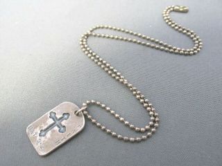 Vintage Sterling Mat 9:2 Faith Cross Dog Tag Ball Bead Pendant Necklace