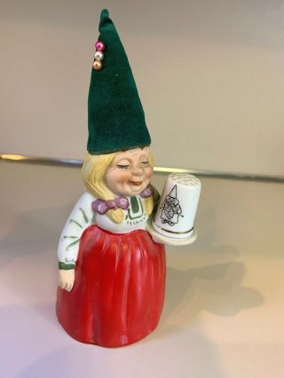 Vintage Msr Ceramic Lady Gnome Figurine Sewing Pin Cushion Thimble Holder