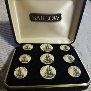 Vtg Boxed Mib 9 Barlow Shirt Cuff Buttons Faux Scrimshaw Tall Ships Sailboats