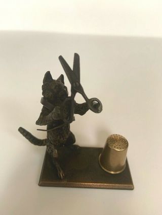Cat With Scissors Thimble Holder Figural Heirloom Editions Redl Wien Bronze Old