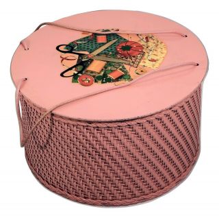 Sewing Basket Princess Wicker 1940 Pink Round Hat Box Style Box Decals Vintage