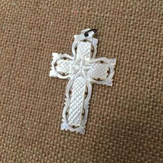 Vintage Bethlehem Carved Mother Of Pearl Cross Pendant For Necklace Religious