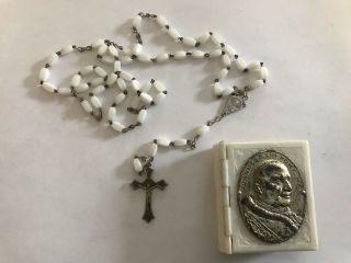 Pope Saint John Paul Xxiii 23rd Glass Pearly Look Beads Rosary,  Plastic Case