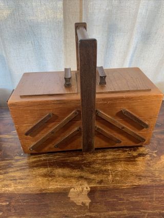 Vintage Wooden Fold Out Accordian Style 3 Tier Sewing Box Wood Fishing Organizer