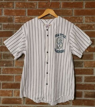 Vtg 80s 90s Mlb Baseball Seattle Mariners Pin Striped Button Up Jersey White Xl