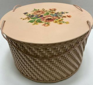 Vintage Peachy Pale Pink Wicker Sewing Box,  Round With Roses Decal