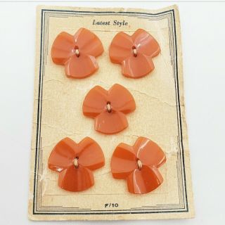 Vintage Set Of 5 Carved Bakelite Buttons On Store Card Pumpkin Orange