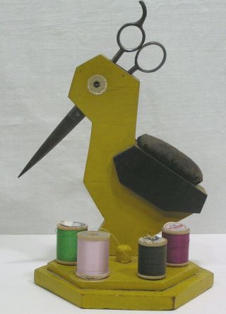 Vintage Wood Sewing Bird With Scissors Pin Cushion Thread Holders 1950s