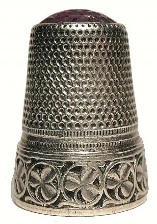 Unknown Maker Sterling Silver Thimble With Three Leaf Clovers And A Lavender Top
