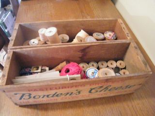 (2) Vintage Bordens Wooden Cheese Boxes With Sewing Supplies
