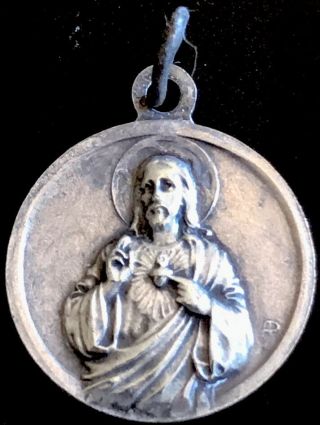 Vintage Catholic Jesus & Virgin Of Carmel Silver Tone Religious Medal,  France