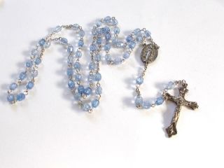 Vintage Silver Tone Cross Blue Lucite Beads Rosary Beaded Long Necklace