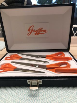 Vtg Griffon Italy Stainless Steel Orange Handle Scissors Set With Case And Box