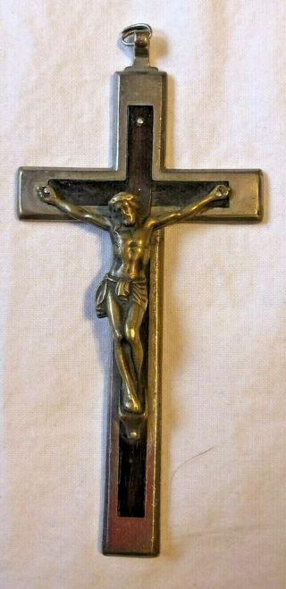 Large Pectoral Cross,  Antique Vintage Crucifix Cross Ebony Wood Inlaid