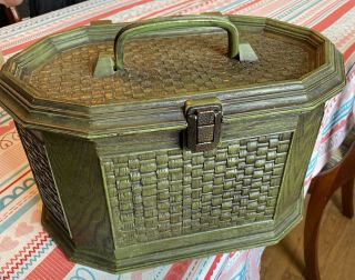 Vintage Lerner Sewing Basket Box Chest Green Plastic Faux Weave Wicker & Insert