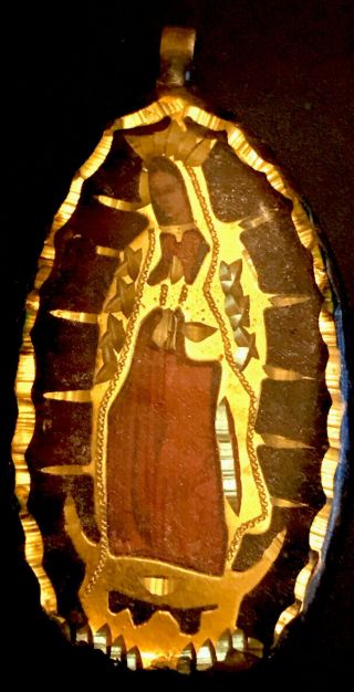 Vintage Catholic Our Lady Of Guadalupe Color On Wood Religious Medal