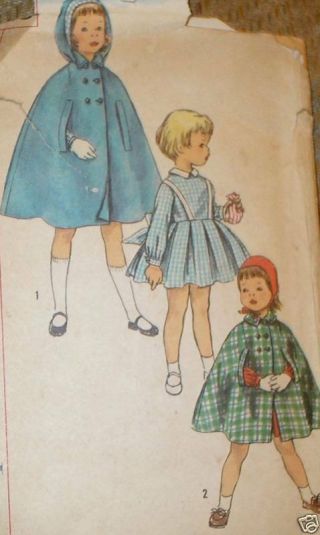 Vintage 1950s Simplicity 2208 Girls Dress & Cape Hood Pattern Sz 4