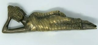 Reclining Buddha 8.  75 " Lost Wax Cast Bronze / Silver Color Statue Asian