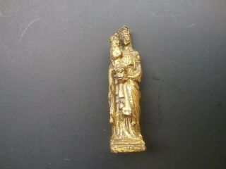 Vintage Madonna And Child Statue Metal Gold Travel Pocket Size 2 3/8 " Small