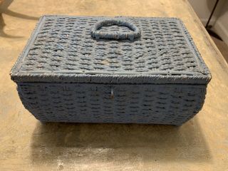 Vintage Wicker Rattan Blue Sewing Basket