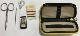 Vintage Travel Sewing Kit Leather Case Unimart Germany Scissors Bodkin Needle