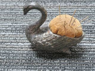 Antique Swan Pin Cushion Metal Silver Color No Maker Markings S482