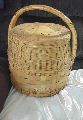 1940s Vintage Covered Wicker Basket Round With Lid Top Handle Sewing And Notions
