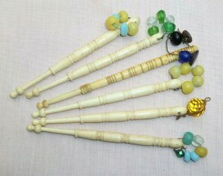 6 Victorian Antique Carved Bovine Bone Glass Beads Spangles Lace Makers Bobbins