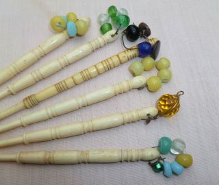 6 VICTORIAN ANTIQUE CARVED BOVINE BONE GLASS BEADS SPANGLES LACE MAKERS BOBBINS 2