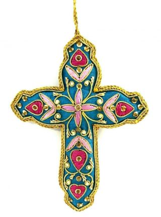 Multi - Color Hanging Fabric Cross With Gold Metallic Edge And Embroidery Details
