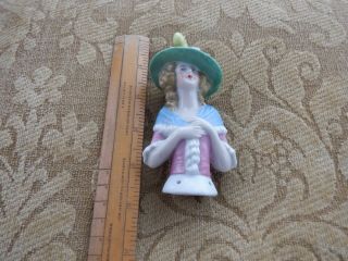 VINTAGE LARGE PIN CUSHION HALF DOLL WITH FEATHERED HAT - 4 3/4 