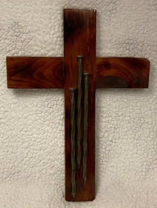 Hand Made High Gloss Brown Wooden Wall Cross With 3 Nails (13.  75 " X 9.  75 ")