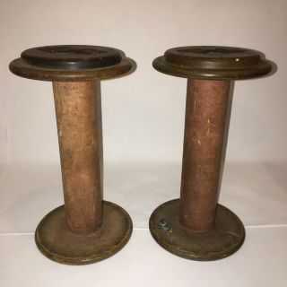 2 Large Antique Vintage Wooden Industrial Mill Factory Bobbins Or Spools 9”