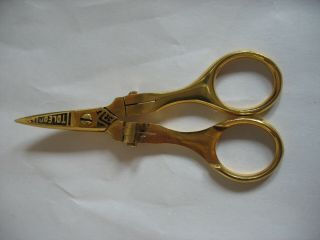 Toledo Spain Folding Scissors Gold Tone With Enamel Painting Arts Crafts Sewing
