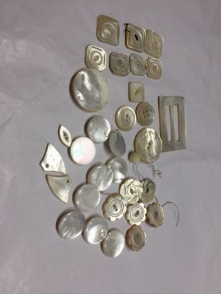 Vtg Old Mother Of Pearl Mop Buckle & Buttons 32pcs 9/8 - 1/2”square Petal Rd Oval