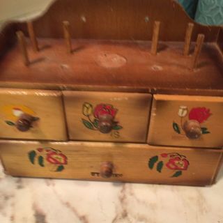 Vintage Japan Wooden Sewing Box With Drawers Painted Flowers Defects