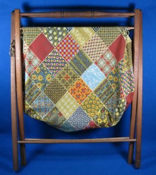Vintage Large 19 - 1/2 " X 24 " Fabric Folding Wood Frame Yarn Sewing Basket Caddy