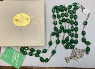 Shamrock Rosary From Ireland; Green Bead Rosary With Box,  36”,  Q.  St.  8