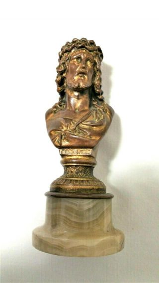 Vintage Signed Bust Of Jesus On Marble Base 6 " X 2 1/2 "