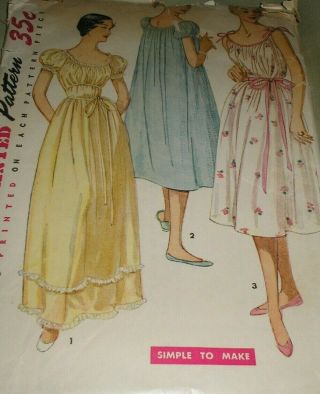 Vintage 1950s Simplicity 4684 Misses Nightgown Gown Pattern 34 Sz 16