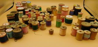 79 Wooden Spools Of Vintage Thread From Early To Mid 20th Century,  A Bonus