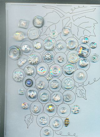 Tray Of 47 Vintage Clear Colorless Glass Buttons; Shapes,  Faceted,  Lusters