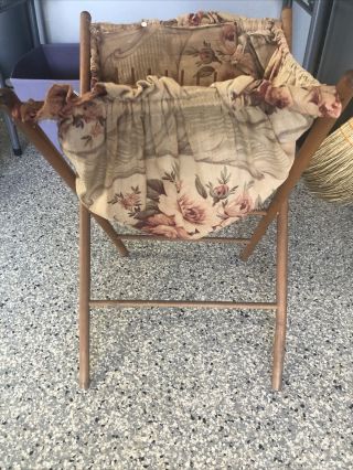 Vintage Barkcloth Knitting Sewing Folding Floral Fabric Basket W 27” Wood Frame
