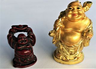 2 Laughing Smiling Buddha Buddah Figurines Resin Red Gold Fortune Prosperity