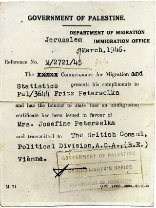 Judaica Censor Photo Certificate Government Of Palestine To Austrian Women 1946