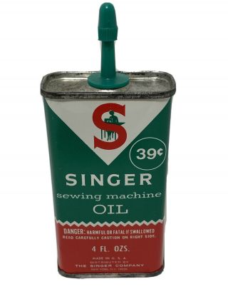 Singer Sewing Machine Tin Oil Can 4oz Handy Oiler 39c Made Usa 3/4 Full Vintage
