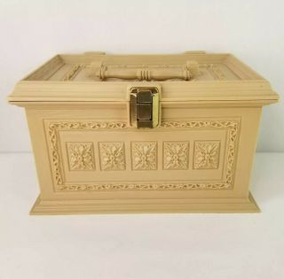 Vintage Max Klein Inc Sc - 1280 Tan Plastic Sewing Ornate Faux Wood Grain Box