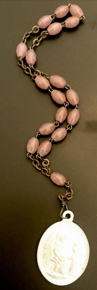 Vintage Catholic St Anne Lilac Glass Chaplet With Silver Tone Medal