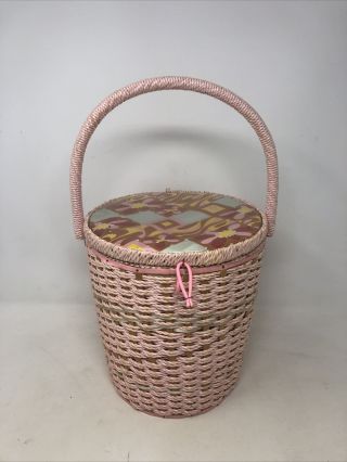 Vintage Wicker Pink Sewing Basket Box W/ Floral Top And Handle Cute Mid Century